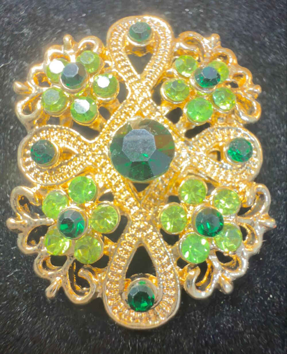Vintage Gold-Tone Green Rhinestone Floral Brooch Emerald & Peridot Statement Pin